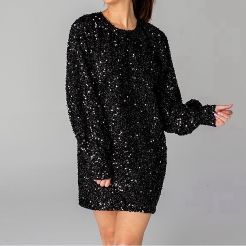 Buddy Love Black Sequin Long Sleeve Mini Cha Cha Holiday Dress XS NWOT